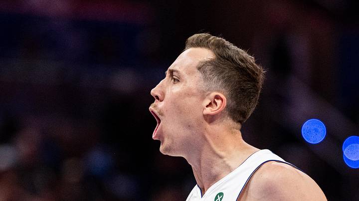 May 1, 2026; Orlando, Florida, USA; Detroit Pistons forward Duncan Robinson (55) celebrates his three pointer agains the Orlando Magic in the fourth quarter during game six of the first round of the 2026 NBA Playoffs at Kia Center. Mandatory Credit: Jeremy Reper-Imagn Images