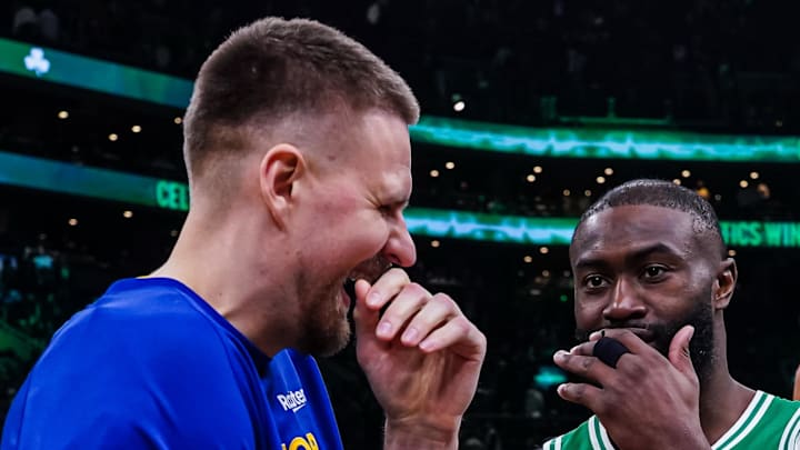 Mar 18, 2026; Boston, Massachusetts, USA; Boston Celtics guard Jaylen Brown (7) and guard Payton Pritchard (11) talk with Golden State Warriors center Kristaps Porzingis (7) after the game at TD Garden. Mandatory Credit: David Butler II-Imagn Images Mar 18, 2026; Boston, Massachusetts, USA; Boston Celtics guard Jaylen Brown (7) and guard Payton Pritchard (11) talk with Golden State Warriors center Kristaps Porzingis (7) after the game at TD Garden. Mandatory Credit: David Butler II-Imagn Images
