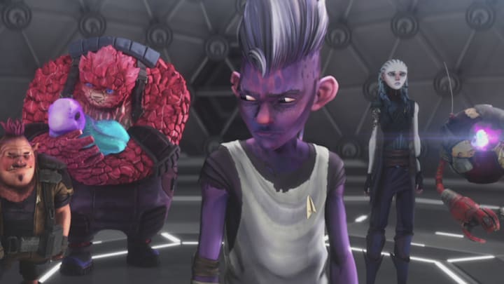 STAR TREK: PRODIGY: Ep#108 -- Jason Mantzoukas as Jankom Pog, Rylee Alazraqui as Rok-Tahk, Brett Gray as Dal, Ella Purnell as Gwyn and Angus Imrie as Zero in STAR TREK: PRODIGY streaming on Paramount+ Photo: Nickelodeon/Paramount+ ©2021 VIACOM INTERNATIONAL. All Rights Reserved.