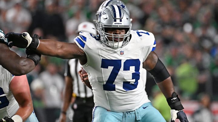 Dallas Cowboys guard Tyler Smith blocks against the Philadelphia Eagles at Lincoln Financial Field. Dallas Cowboys guard Tyler Smith blocks against the Philadelphia Eagles at Lincoln Financial Field.