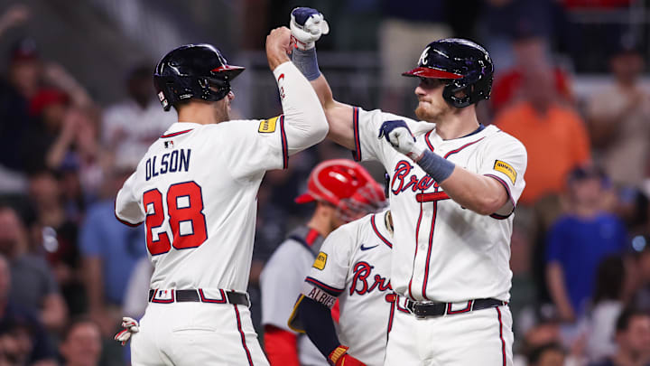 Apr 21, 2025; Atlanta, Georgia, USA; Atlanta Braves catcher Sean Murphy (12) celebrates with first baseman Matt Olson (28) after a three-run home run against the St. Louis Cardinals in the eighth inning at Truist Park. Mandatory Credit: Brett Davis-Imagn Images Apr 21, 2025; Atlanta, Georgia, USA; Atlanta Braves catcher Sean Murphy (12) celebrates with first baseman Matt Olson (28) after a three-run home run against the St. Louis Cardinals in the eighth inning at Truist Park. Mandatory Credit: Brett Davis-Imagn Images