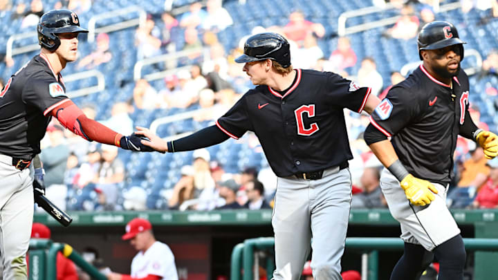 May 6, 2025; Washington, District of Columbia, USA;  Cleveland Guardians designated hitter Kyle Manzardo (9) celebrates scoring a run during the seventh inning against the Washington Nationals  at Nationals Park. Mandatory Credit: James A. Pittman-Imagn Images