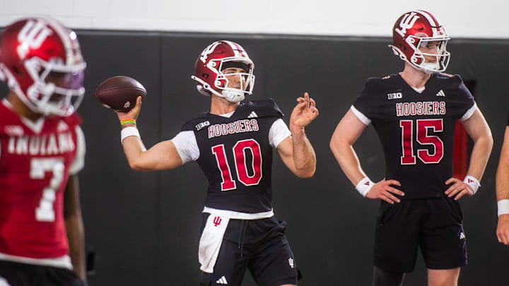 Indiana's Josh Hoover (10) during Indiana University spring football practice on Thursday, March 26, 2026.