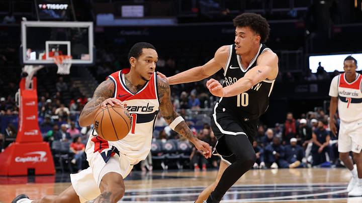Oct 12, 2026; Washington, District of Columbia, USA; Washington Wizards guard Tre Mann (1) drives to the basket as Brooklyn Nets guard Nolan Traore (10) defends in the second half at Capital One Arena. Mandatory Credit: Geoff Burke-Imagn Images Oct 12, 2026; Washington, District of Columbia, USA; Washington Wizards guard Tre Mann (1) drives to the basket as Brooklyn Nets guard Nolan Traore (10) defends in the second half at Capital One Arena. Mandatory Credit: Geoff Burke-Imagn Images