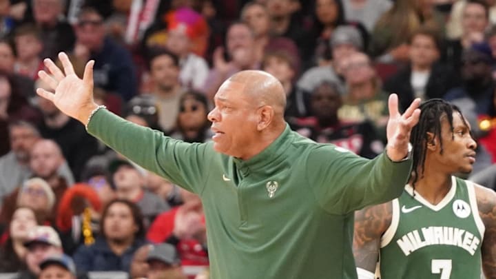 Milwaukee Bucks Head Coach Doc Rivers gestures to his team against the Chicago Bulls during the second half at United Center on March 1, 2026. Milwaukee Bucks Head Coach Doc Rivers gestures to his team against the Chicago Bulls during the second half at United Center on March 1, 2026.