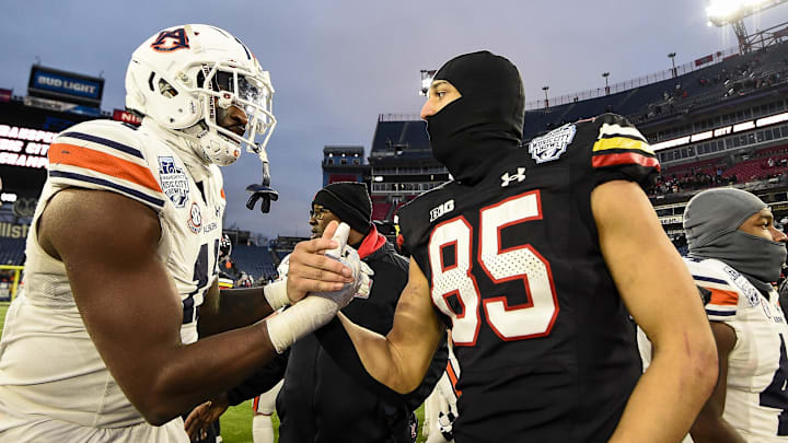 New Auburn Tigers Preston Howard (85) scored a touchdown with the Maryland Terrapins in the 2023 Music City Bowl.