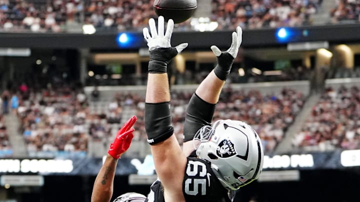 Oct 12, 2025; Paradise, Nevada, USA; Las Vegas Raiders guard Alex Cappa (65) is unable to make a catch during the second half against the Tennessee Titans at Allegiant Stadium. Mandatory Credit: Stephen R. Sylvanie-Imagn Images