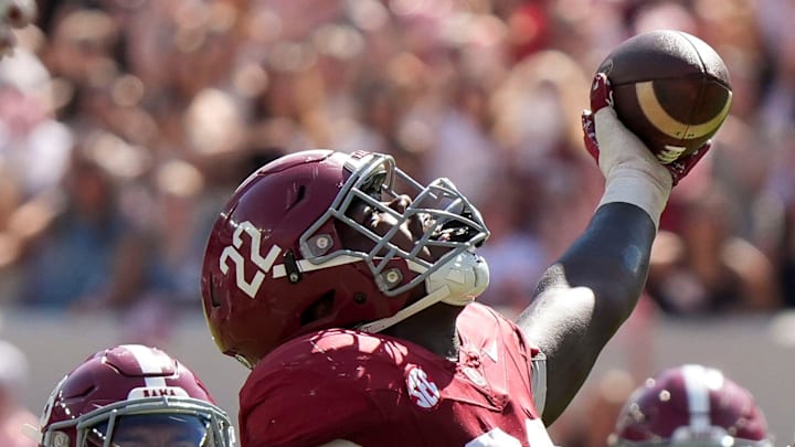 Oct 12, 2024; Tuscaloosa, Alabama, USA; Alabama Crimson Tide defensive lineman LT Overton (22) celebrates after recovering a South Carolina fumble at Bryant-Denny Stadium. Alabama defeated South Carolina 27-25. Mandatory Credit: Gary Cosby Jr.-Imagn Images