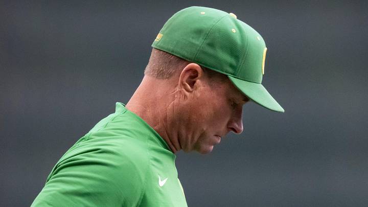 Oregon head coach Mark Wasikowski walks the field before the game as the Oregon Ducks host the USC Trojans on May 14, 2026, in Eugene, Oregon. 