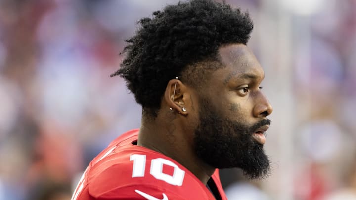 Dec 7, 2025; Glendale, Arizona, USA; Arizona Cardinals linebacker Josh Sweat (10) against the Los Angeles Rams at State Farm Stadium. Mandatory Credit: Mark J. Rebilas-Imagn Images