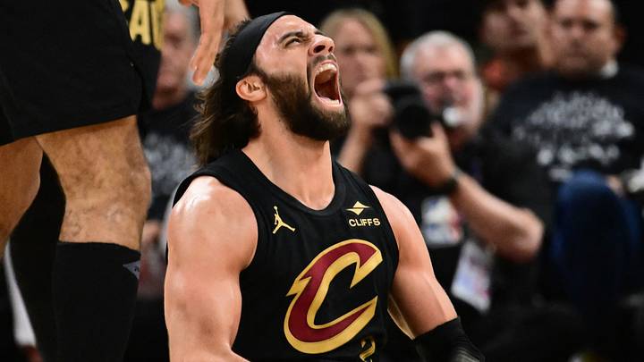 May 3, 2026; Cleveland, Ohio, USA; Cleveland Cavaliers guard Max Strus (2) reacts after a play against the Toronto Raptors during the first half of game seven in the first round of the 2026 NBA Playoffs at Rocket Arena. Mandatory Credit: Ken Blaze-Imagn Images