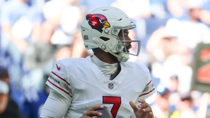 Oct 12, 2025; Indianapolis, Indiana, USA; Arizona Cardinals quarterback Jacoby Brissett (7) looks to pass the ball against the Indianapolis Colts during the first quarter of the game at Lucas Oil Stadium. Mandatory Credit: Trevor Ruszkowski-Imagn Images