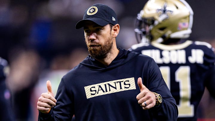 Sep 8, 2024; New Orleans, Louisiana, USA; New Orleans Saints offensive coordinator Klint Kubiak reacts against the Carolina Panthers during the pregame at Caesars Superdome.