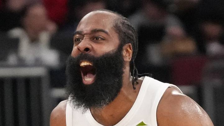Mar 19, 2026; Chicago, Illinois, USA;  Cleveland Cavaliers guard James Harden (1) reacts after making a three point basket against the Chicago Bulls during the second half at United Center. Mandatory Credit: David Banks-Imagn Images