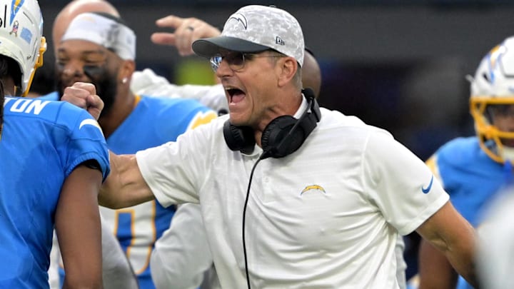 Nov 10, 2024; Inglewood, California, USA; Los Angeles Chargers head coach Jim Harbaugh reacts after a touchdown in the second half against the Tennessee Titans at SoFi Stadium. Mandatory Credit: Jayne Kamin-Oncea-Imagn Images
