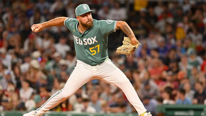 Jul 24, 2026; Boston, Massachusetts, USA; Boston Red Sox pitcher Greg Weissert (57) pitches against the Toronto Blue Jays during the seventh inning at Fenway Park. Mandatory Credit: Eric Canha-Imagn Images