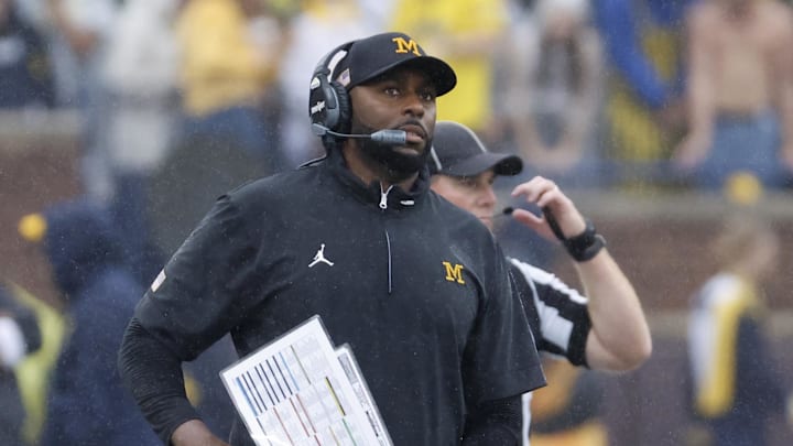 Sep 28, 2024; Ann Arbor, Michigan, USA; Michigan Wolverines head coach Sherrone Moore on the sideline in the first half against the Minnesota Golden Gophers at Michigan Stadium. Sep 28, 2024; Ann Arbor, Michigan, USA; Michigan Wolverines head coach Sherrone Moore on the sideline in the first half against the Minnesota Golden Gophers at Michigan Stadium.