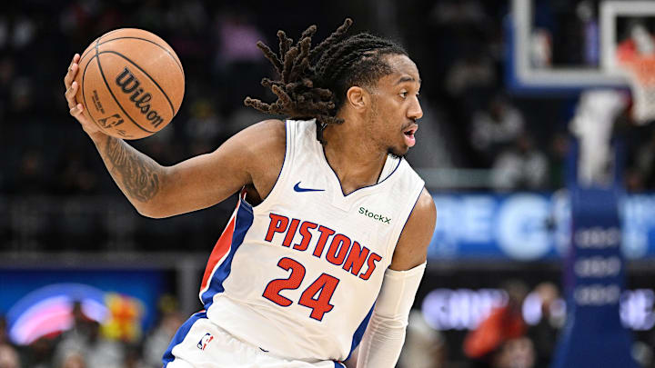 Oct 16, 2024; Detroit, Michigan, USA; Detroit Pistons guard Daniss Jenkins (24) controls the ball against the Detroit Pistons in the third quarter at Little Caesars Arena. Mandatory Credit: Lon Horwedel-Imagn Images Oct 16, 2024; Detroit, Michigan, USA; Detroit Pistons guard Daniss Jenkins (24) controls the ball against the Detroit Pistons in the third quarter at Little Caesars Arena. Mandatory Credit: Lon Horwedel-Imagn Images