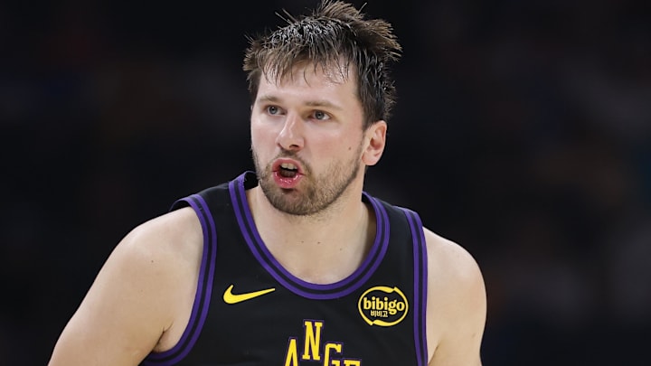 Apr 2, 2026; Oklahoma City, Oklahoma, USA; Los Angeles Lakers guard Luka Doncic (77) reacts after a play against the Oklahoma City Thunder during the second half at Paycom Center. Mandatory Credit: Alonzo Adams-Imagn Images