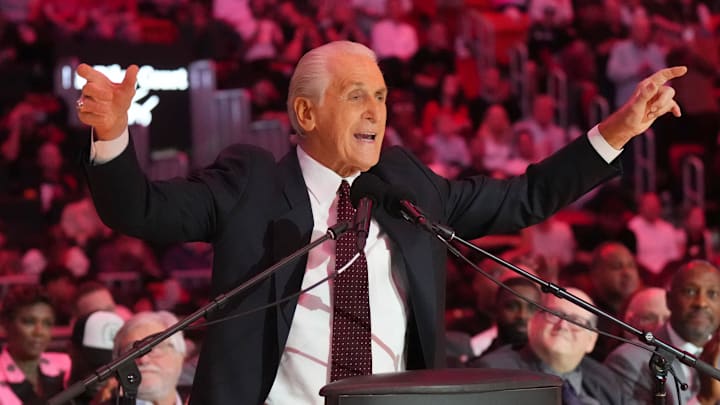 Oct 23, 2024; Miami, Florida, USA; Miami Heat president Pat Riley addresses the crowd during the Pat Riley Court dedication ceremony at halftime at Kaseya Center. Mandatory Credit: Jim Rassol-Imagn Images Oct 23, 2024; Miami, Florida, USA; Miami Heat president Pat Riley addresses the crowd during the Pat Riley Court dedication ceremony at halftime at Kaseya Center. Mandatory Credit: Jim Rassol-Imagn Images