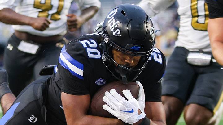 Oct 10, 2026; Atlanta, Georgia, USA; Duke Blue Devils running back Nate Sheppard (20) runs the ball for a touchdown against the Georgia Tech Yellow Jackets in the fourth quarter at Bobby Dodd Stadium at Hyundai Field. Mandatory Credit: Brett Davis-Imagn Images Oct 10, 2026; Atlanta, Georgia, USA; Duke Blue Devils running back Nate Sheppard (20) runs the ball for a touchdown against the Georgia Tech Yellow Jackets in the fourth quarter at Bobby Dodd Stadium at Hyundai Field. Mandatory Credit: Brett Davis-Imagn Images