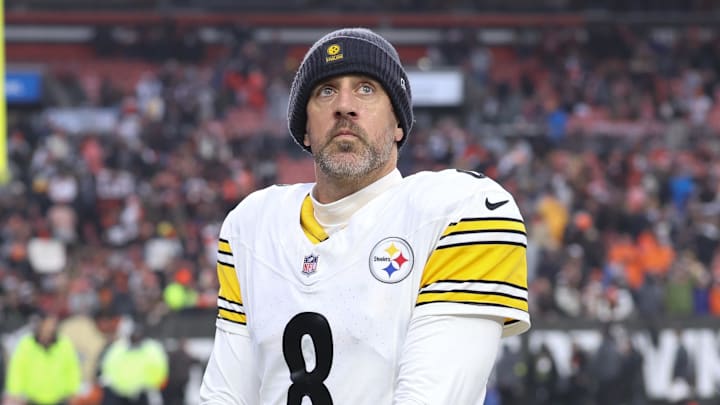 Dec 28, 2025; Cleveland, Ohio, USA; Pittsburgh Steelers quarterback Aaron Rodgers (8) looks on after the game against the Cleveland Browns at Huntington Bank Field. Mandatory Credit: Scott Galvin-Imagn Images