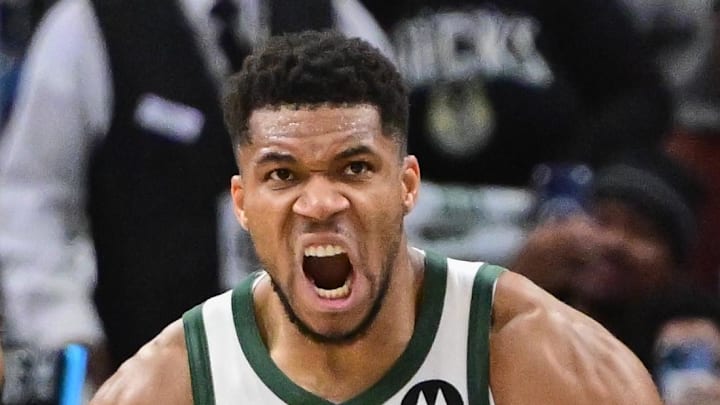 Milwaukee Bucks forward Giannis Antetokounmpo (34) reacts after scoring a basket in the 3rd quarter against the New York Knicks at Fiserv Forum. Oct 28, 2025.