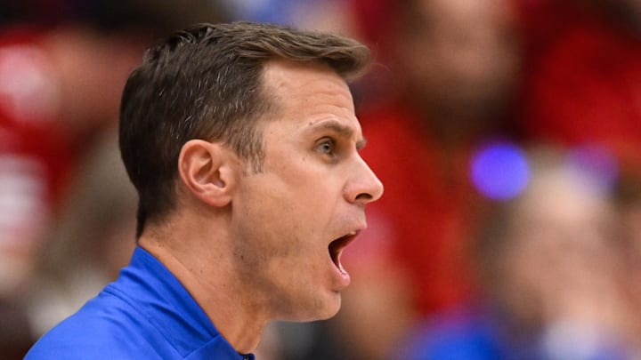 Jan 17, 2026; Stanford, California, USA; Duke Blue Devils head coach Jon Scheyer reacts against the Stanford Cardinal in the first half at Maples Pavilion. Mandatory Credit: Eakin Howard-Imagn Images