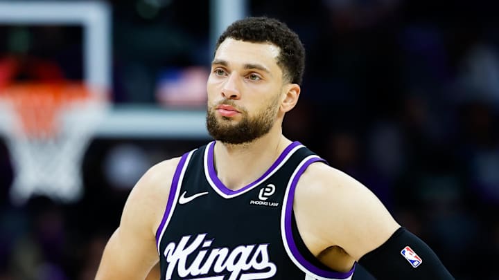 Jan 20, 2026; Sacramento, California, USA; Sacramento Kings guard Zach LaVine (8) looks on against the Miami Heat during the third quarter at Golden 1 Center. Mandatory Credit: Sergio Estrada-Imagn Images