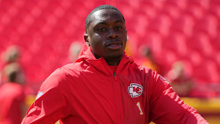 Sep 28, 2025; Kansas City, Missouri, USA; Kansas City Chiefs wide receiver Xavier Worthy (1) warms up before the game against the Baltimore Ravens at GEHA Field at Arrowhead Stadium. Mandatory Credit: Denny Medley-Imagn Images