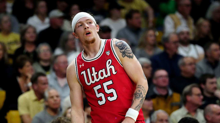 Feb 24, 2024; Boulder, Colorado, USA; Utah Utes guard Gabe Madsen (55) during the first half against the Colorado Buffaloes at the CU Events Center. Mandatory Credit: Ron Chenoy-Imagn Images Feb 24, 2024; Boulder, Colorado, USA; Utah Utes guard Gabe Madsen (55) during the first half against the Colorado Buffaloes at the CU Events Center. Mandatory Credit: Ron Chenoy-Imagn Images