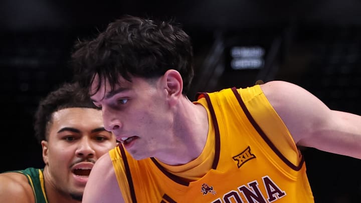 Mar 10, 2026; Kansas City, MO, USA; Arizona State Sun Devils forward Santiago Trouet (1) drives during the first half against the Baylor Bears at T-Mobile Center. Mandatory Credit: William Purnell-Imagn Images Mar 10, 2026; Kansas City, MO, USA; Arizona State Sun Devils forward Santiago Trouet (1) drives during the first half against the Baylor Bears at T-Mobile Center. Mandatory Credit: William Purnell-Imagn Images