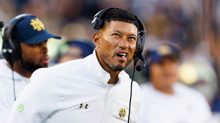 Notre Dame head coach Marcus Freeman looks on in the second half of a NCAA football game against NC State at Notre Dame Stadium on Saturday, Oct. 11, 2025, in South Bend.