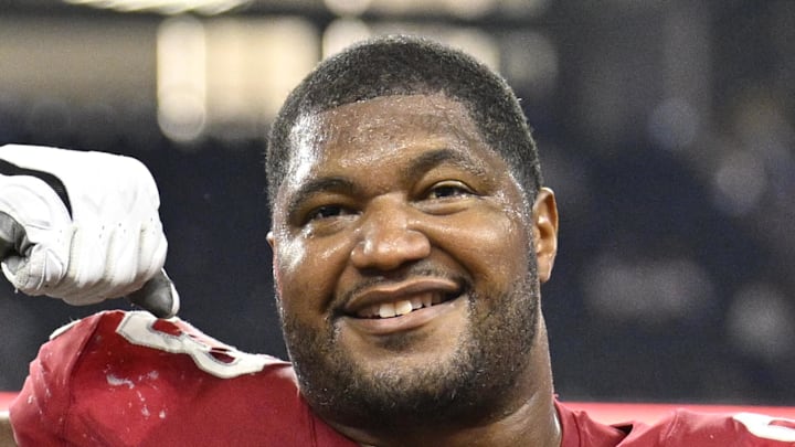 Nov 3, 2025; Arlington, Texas, USA; Arizona Cardinals defensive tackle Calais Campbell (93) celebrates as he leaves the field after defeating the Dallas Cowboys at AT&T Stadium. Mandatory Credit: Jerome Miron-Imagn Images