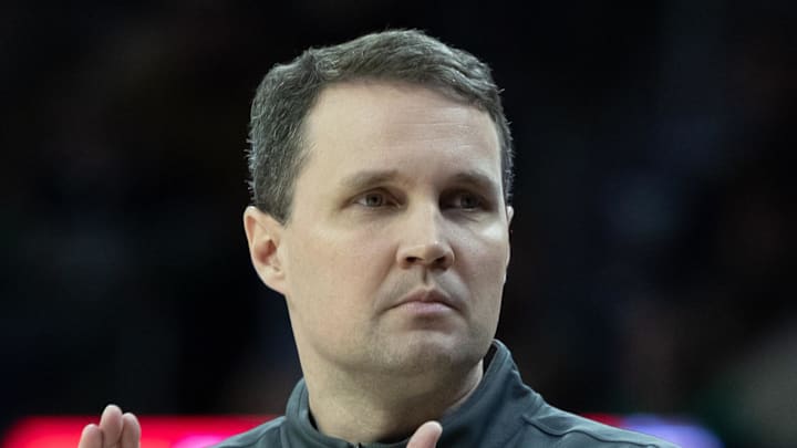 Feb 28, 2026; South Bend, Indiana, USA; NC State Wolfpack head coach Will Wade claps against the Notre Dame Fighting Irish during the first half at Purcell Pavilion at the Joyce Center. Mandatory Credit: Michael Caterina-Imagn Images