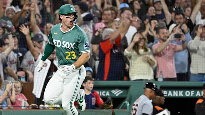 Sep 26, 2025; Boston, Massachusetts, USA; Boston Red Sox second baseman Romy Gonzalez (23) runs home to score the game winning run against the Detroit Tigers during the ninth inning at Fenway Park. Mandatory Credit: Eric Canha-Imagn Images