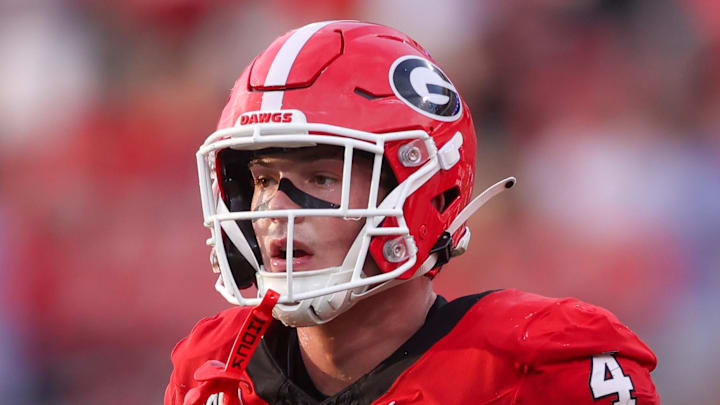 Sep 6, 2025; Athens, Georgia, USA; Georgia Bulldogs tight end Oscar Delp (4) in action against the Austin Peay Governors in the fourth quarter at Sanford Stadium. Mandatory Credit: Brett Davis-Imagn Images