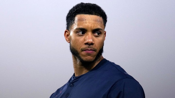 Jun 18, 2025; West Sacramento, California, USA; Houston Astros shortstop Jeremy Pena (3) stands on first base during a break in the action against the Athletics in the sixth inning at Sutter Health Park