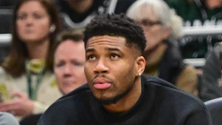 Milwaukee Bucks forward Giannis Antetokounmpo watches the game against the Boston Celtics.