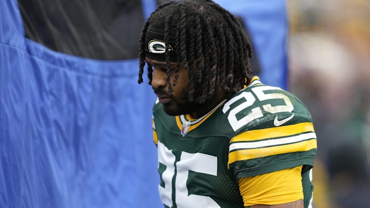 Nov 23, 2025; Green Bay, Wisconsin, USA; Green Bay Packers cornerback Keisean Nixon (25) walks to the blue medical tent during the first half against the Minnesota Vikings at Lambeau Field.