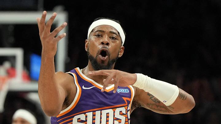 Phoenix, Arizona, USA;  Phoenix Suns guard Jordan Goodwin (23) reacts after scoring against the Golden State Warriors in the second half at Mortgage Matchup Center on Oct 24, 2026. 