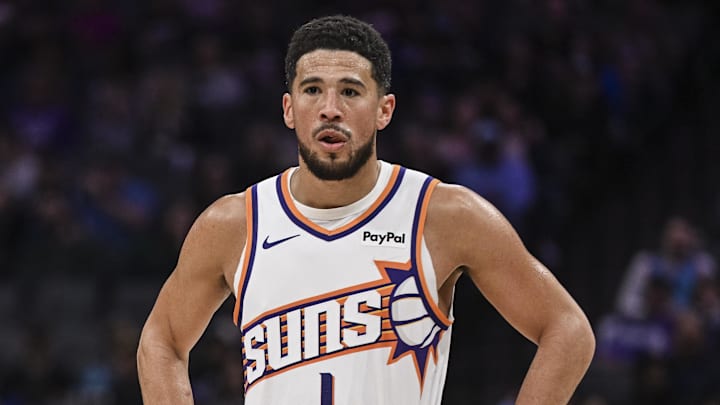 Mar 3, 2026; Sacramento, California, USA; Phoenix Suns guard Devin Booker (1) looks on during the second quarter against the Sacramento Kings at Golden 1 Center. Mandatory Credit: Justine Willard-Imagn Images