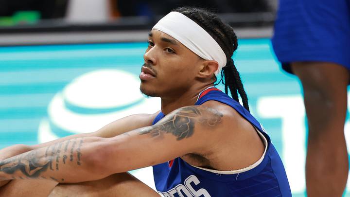 Los Angeles Clippers guard Brandon Boston Jr. (4) reacts after being defeated by the Utah Jazz 110-109 at Crypto.com Arena on April 12, 2024.