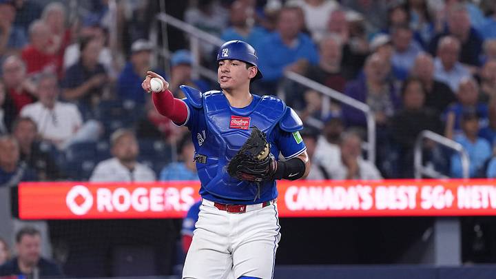 Jul 21, 2026; Toronto, Ontario, CAN; Toronto Blue Jays catcher Brandon Valenzuela (59) points to starting pitcher Kevin Gausman (34) (not pictured) against the Tampa Bay Rays during the third inning at Rogers Centre. Mandatory Credit: Nick Turchiaro-Imagn Images