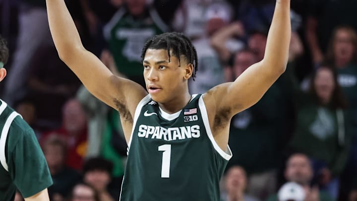 Feb 1, 2025; Los Angeles, California, USA;  Michigan State Spartans guard Jeremy Fears Jr. (1) reacts during the second half push against USC Trojans at Galen Center. Mandatory Credit: William Navarro-Imagn Images