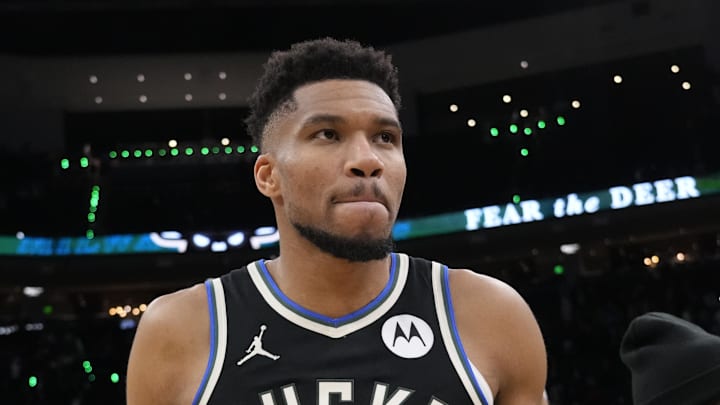 Jan 23, 2026; Milwaukee, Wisconsin, USA;  Milwaukee Bucks forward Giannis Antetokounmpo (34) walks from the court following the game against the Denver Nuggets at Fiserv Forum. Mandatory Credit: Jeff Hanisch-Imagn Images