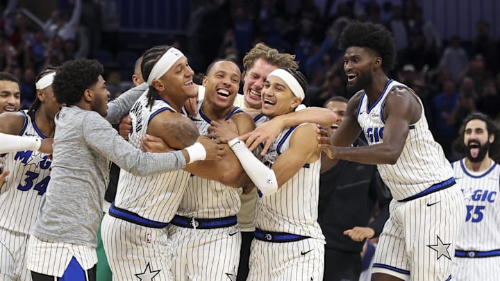 Nov 10, 2025; Orlando, Florida, USA; Orlando Magic guard Desmond Bane (3) celebrates with forward Paolo Banchero (5) after making a game wing basket against the Portland Trail Blazers in the fourth quarter at Kia Center. Mandatory Credit: Nathan Ray Seebeck-Imagn Images
