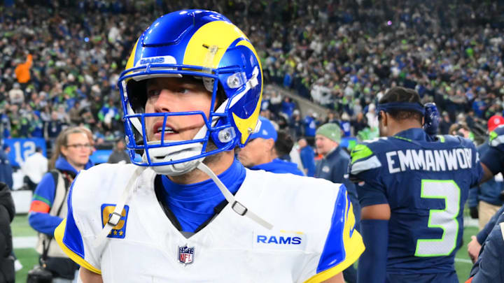 Jan 25, 2026; Seattle, WA, USA; Los Angeles Rams quarterback Matthew Stafford (9) leaves the field after the 2026 NFC Championship Game against the Seattle Seahawks at Lumen Field. Mandatory Credit: Steven Bisig-Imagn Images