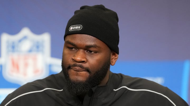Feb 25, 2026; Indianapolis, IN, USA; Florida defensive lineman Caleb Banks (DL02) speaks during the NFL Scouting Combine at the Indiana Convention Center. Mandatory Credit: Kirby Lee-Imagn Images