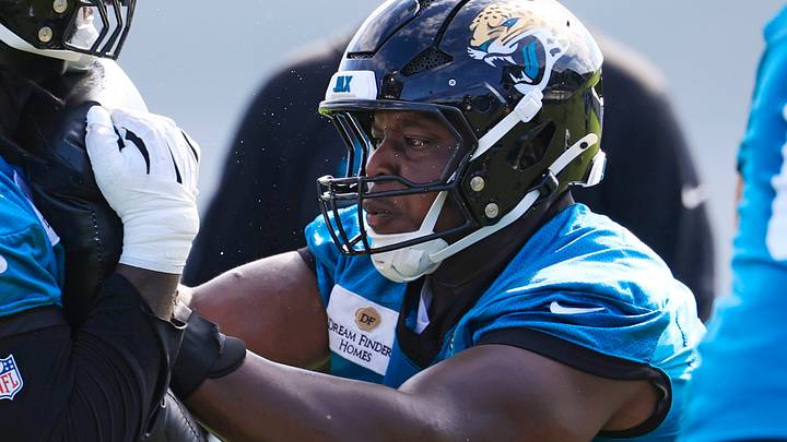 Jacksonville Jaguars offensive lineman Emmanuel Pregnon (75), right, drills on offensive tackle Anton Harrison (77) during the third day of minicamp at the Miller Electric Center, Thursday, June 11, 2026, in Jacksonville, Fla.